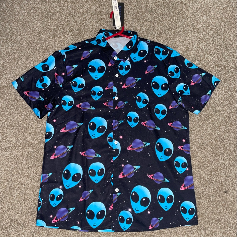 ROMWE Alien Spaceship Cartoon Graphic Button Down Shirt
